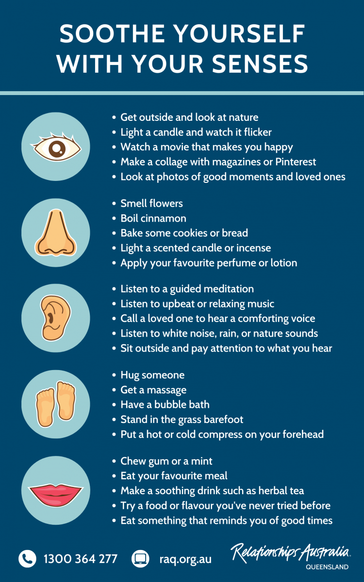 Infographic listing self-soothing techniques to create calm using the five senses